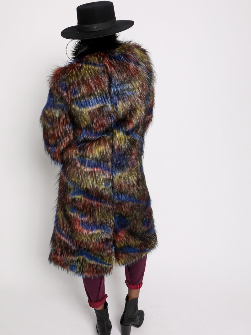 Back View of Parrot Calf Length Faux Fur Coat with Collar