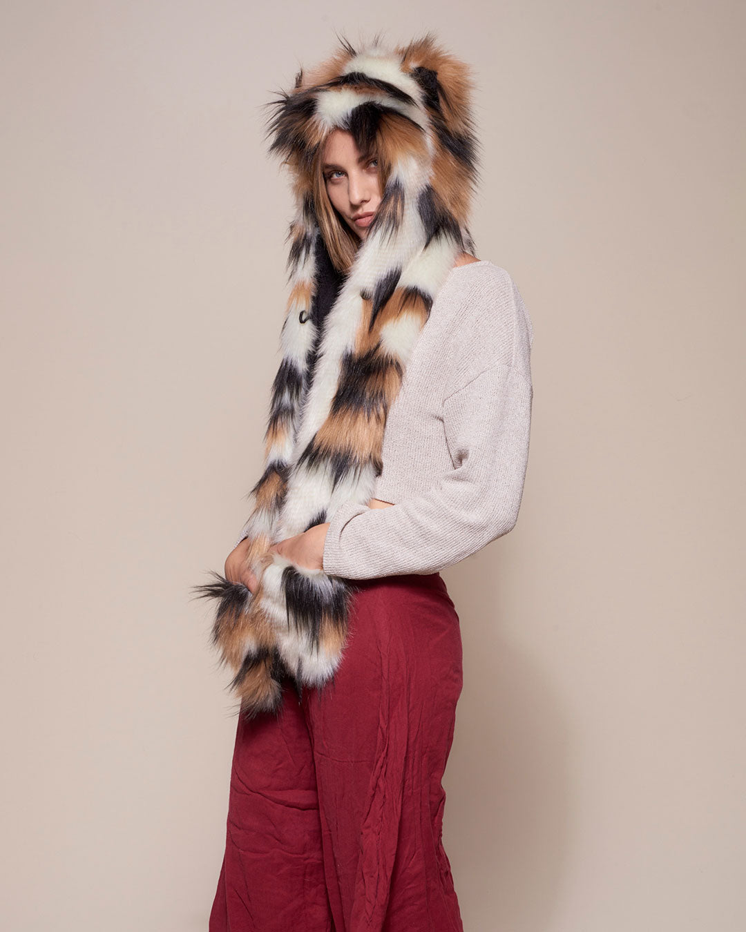 Faux Fur Hood on Female Model Featuring Manx Cat Design