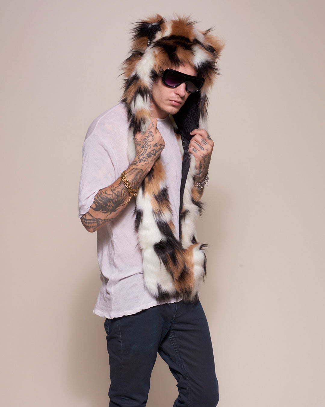 Man wearing Manx Cat Collector Edition Faux Fur Hood, side view