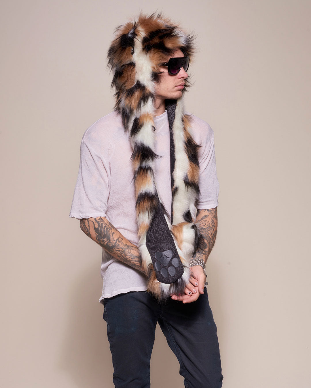 Man wearing Manx Cat Collector Edition Faux Fur Hood, side view 1