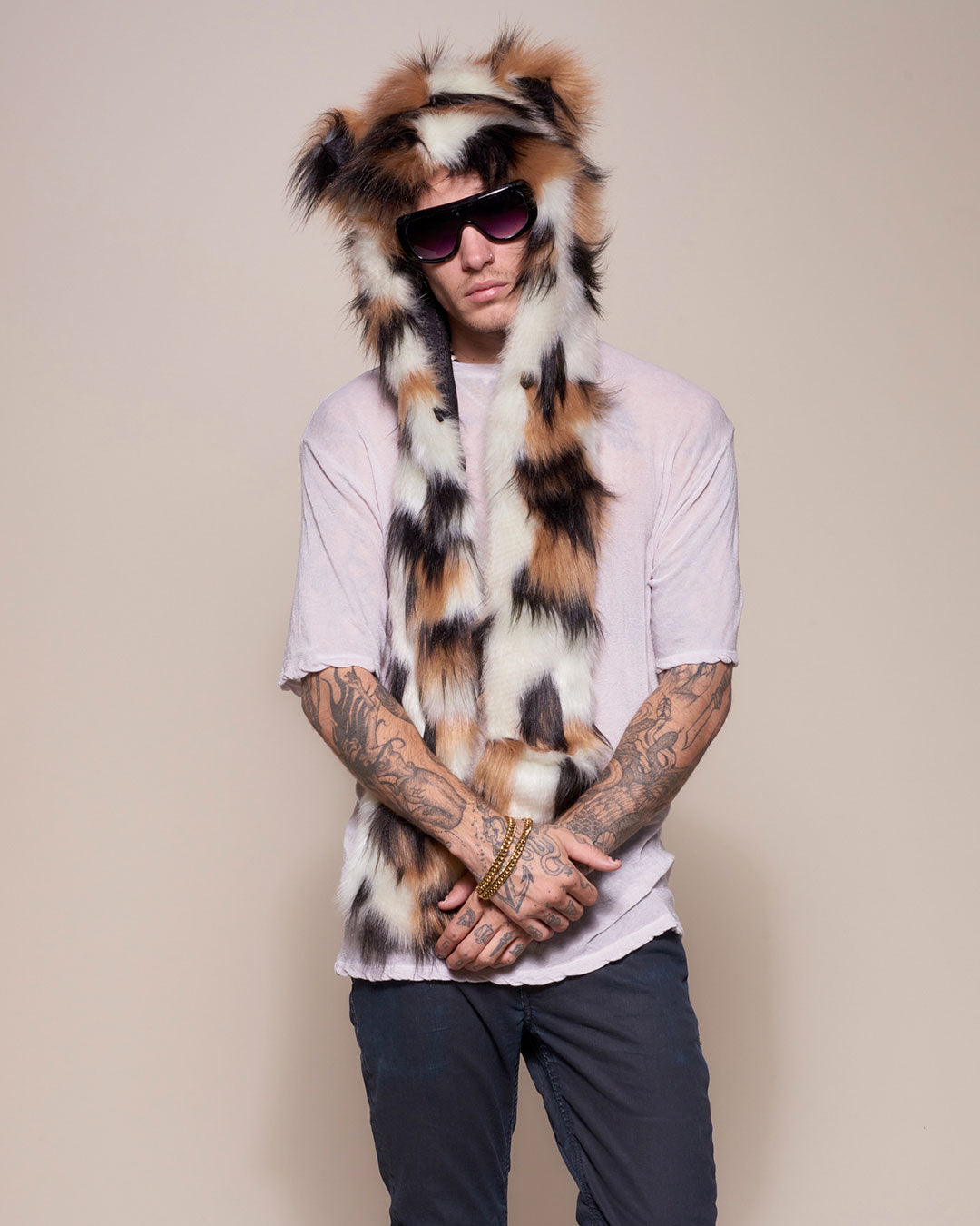 Man wearing Manx Cat Collector Edition Faux Fur Hood, front view