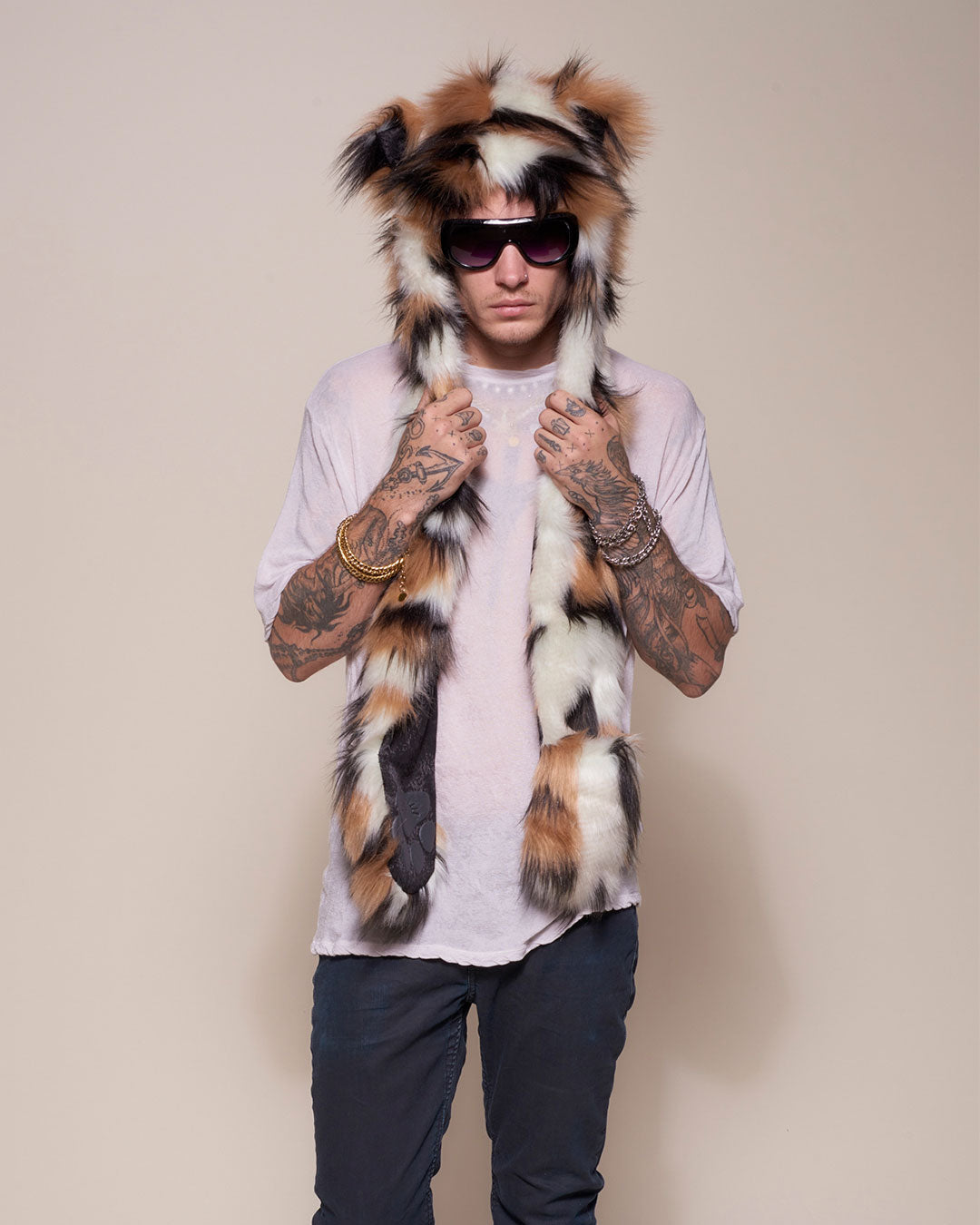 Man wearing Manx Cat Collector Edition Faux Fur Hood, front view 2