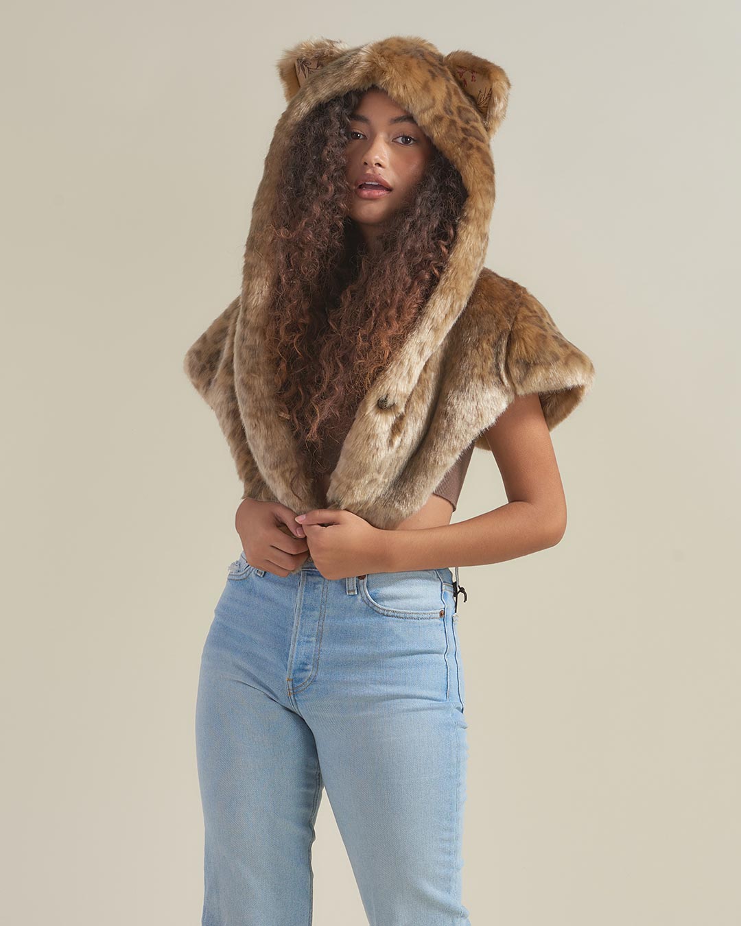 African Golden Cat Luxe Faux Fur Shawl with Hood on Female