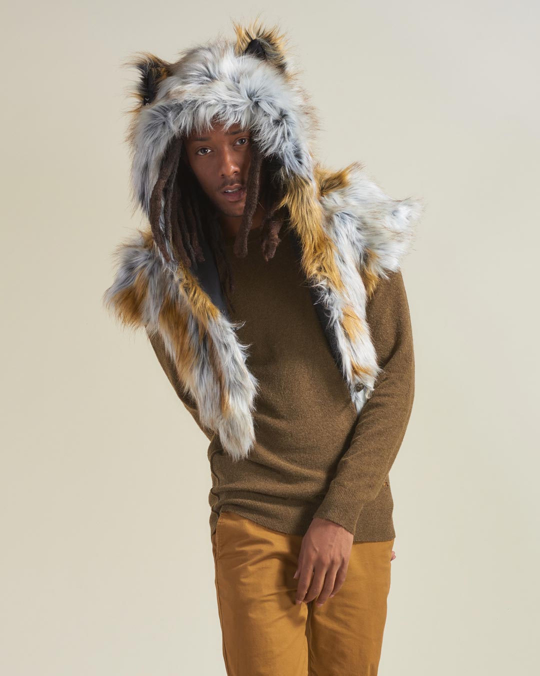 Man wearing Arctic Fox Collector Edition Faux Fur Shawl, front view 1