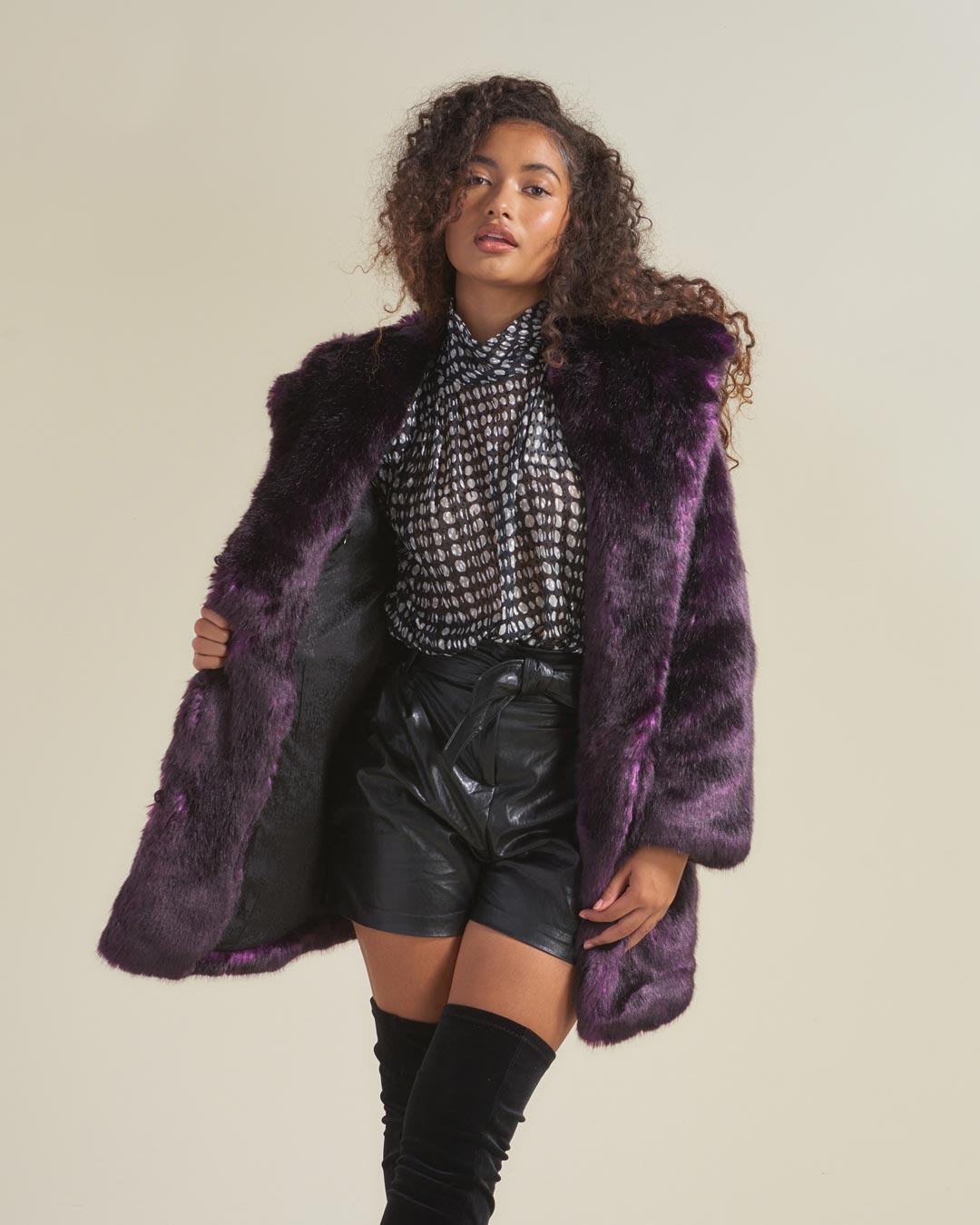 Woman Wearing Midnight Wolf Luxe Classic Faux Fur Coat with Hood