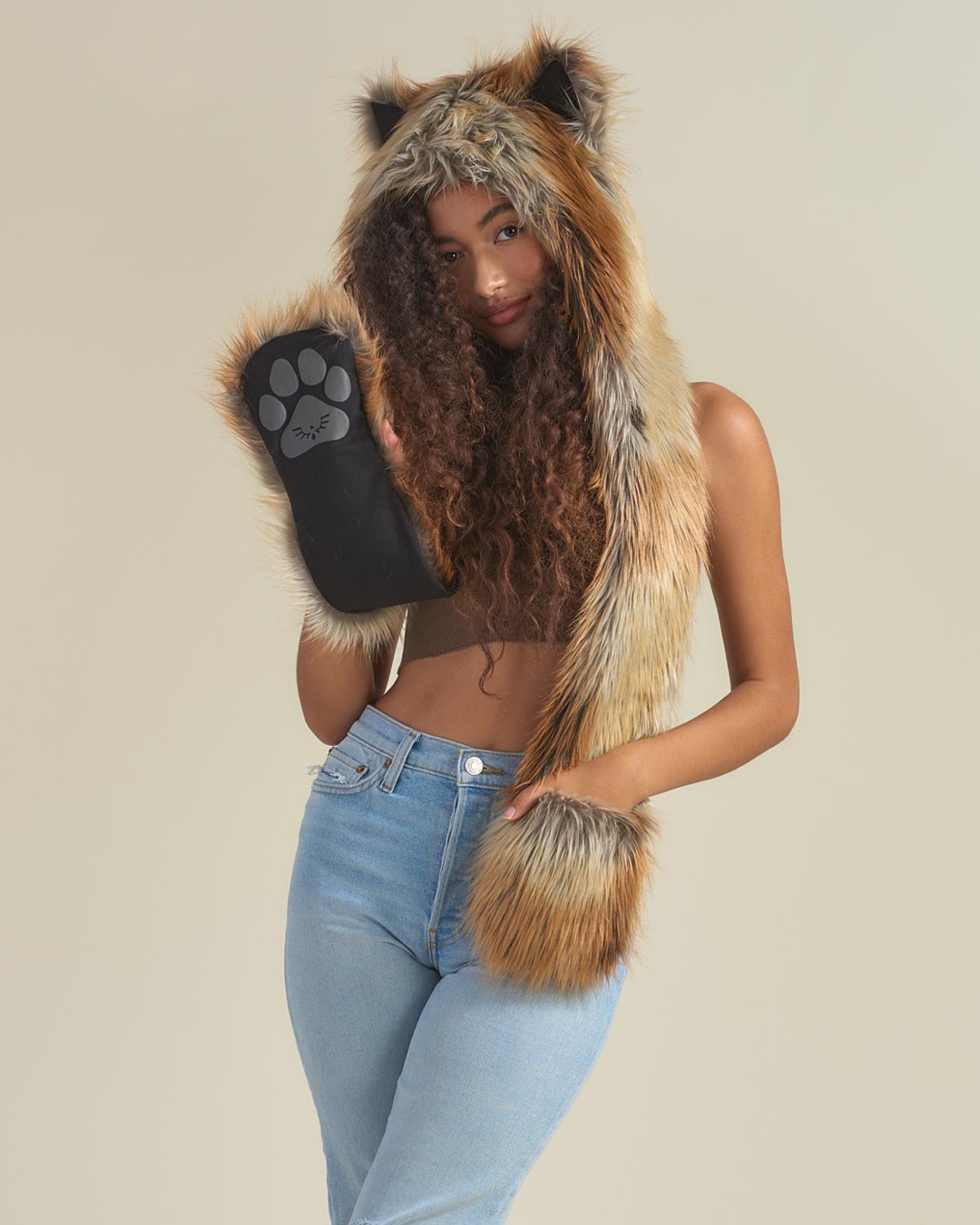Woman Wearing Red Fox Faux Fur Hood with Hands in Pawkets