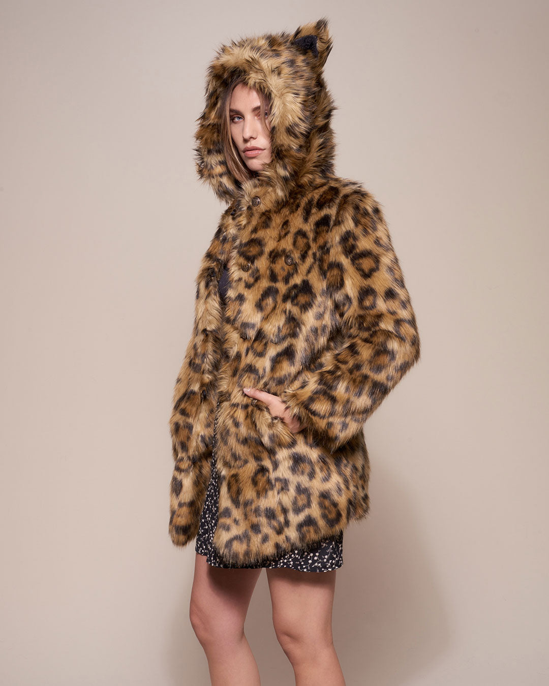 Woman wearing Javan Leopard Classic Faux Fur Coat *Almost Purfect* SpiritHood, side view 1