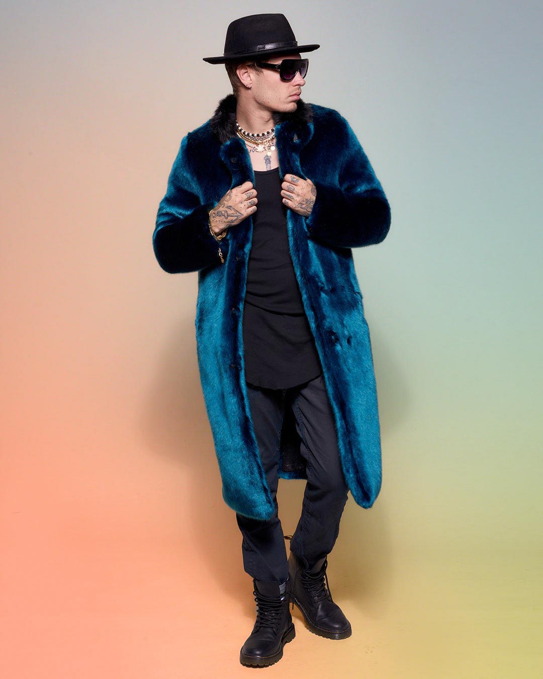 Man wearing Royal Wolf Luxe Calf Length Faux Fur Coat