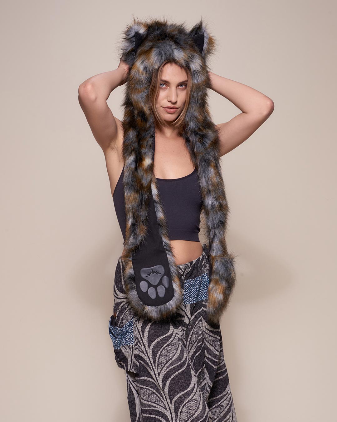 Woman wearing Brindle Wolf Collector Edition Faux Fur Hood