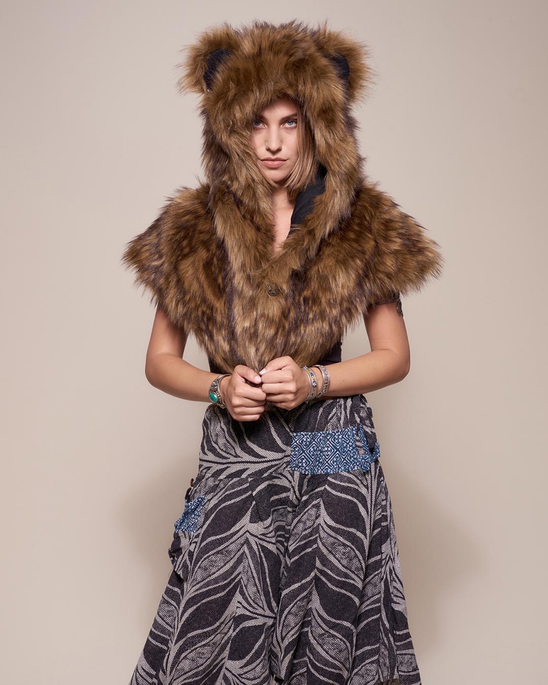 Faux Fur Shawl in Grizzly Bear Design on Female Model