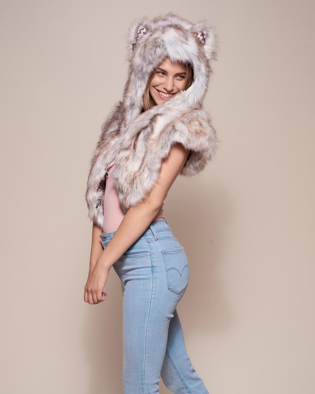 Timber Wolf Collector Hooded Faux Fur Shawl 
