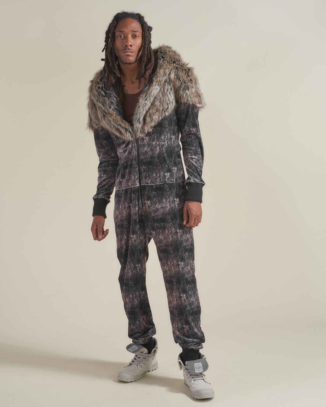 Man wearing Grazer Wolf Artist Edition Faux Fur Animal Onesie, front view 4