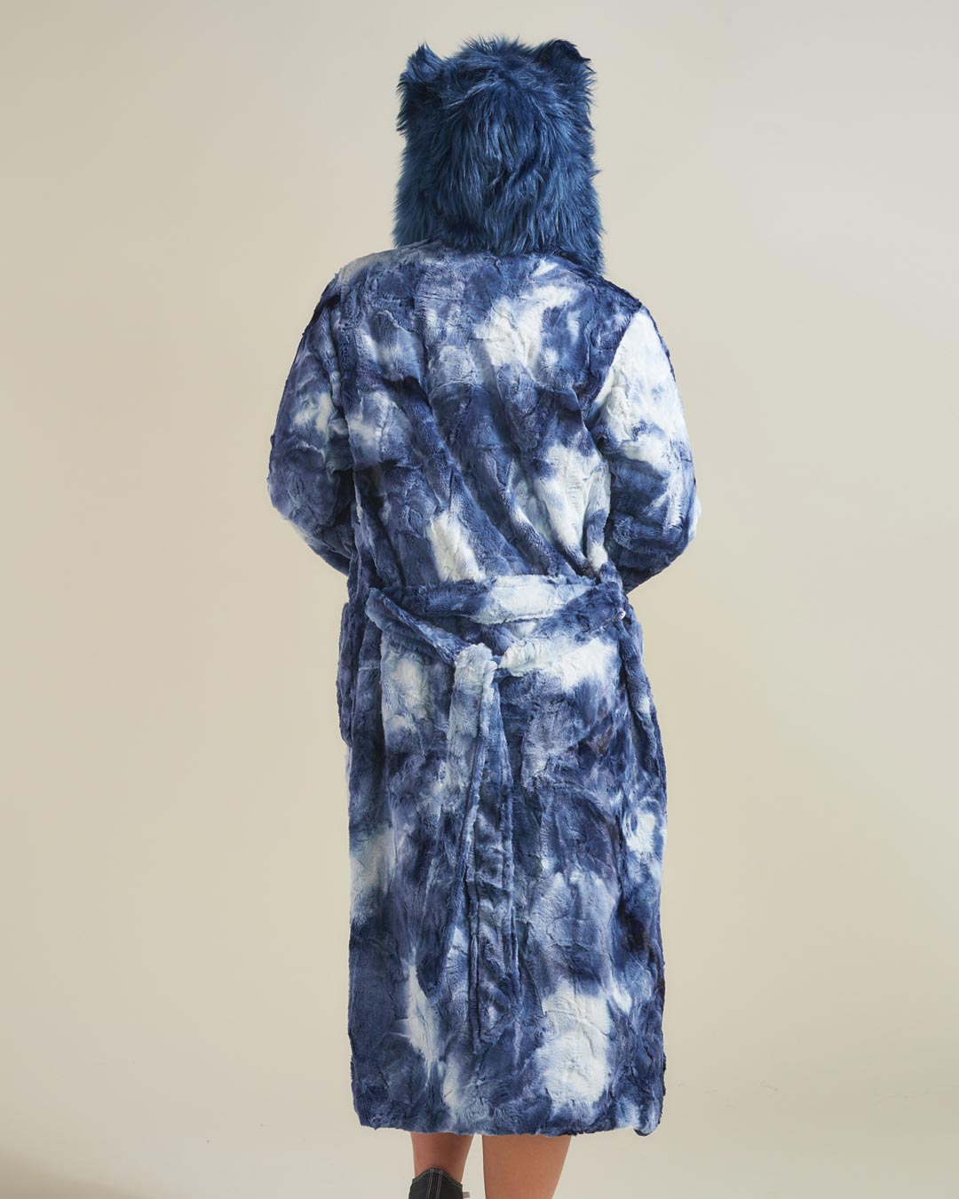 Back View with Hood Up on Model Wearing Water Wolf Classic Faux Fur Robe