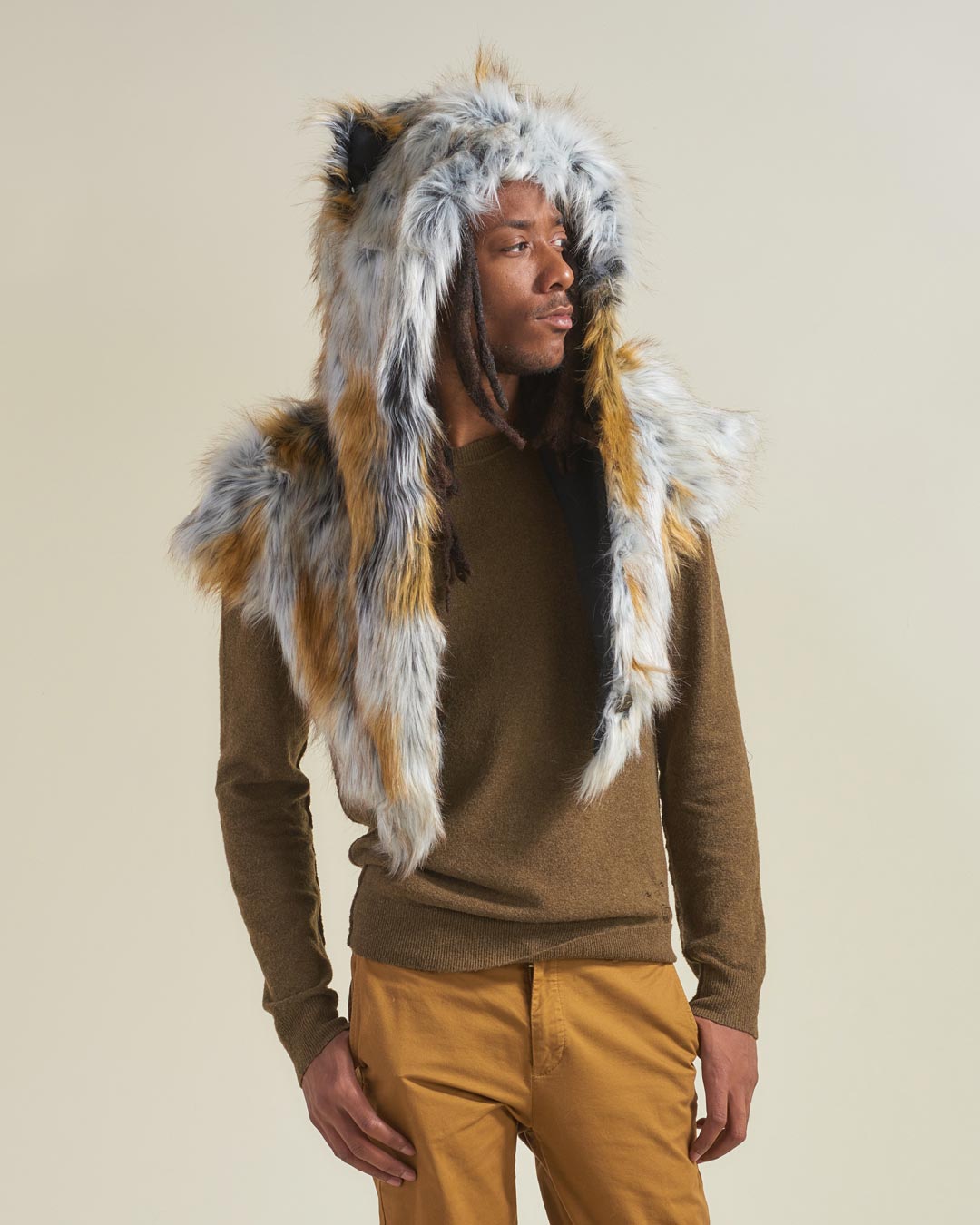 Man wearing Arctic Fox Collector Edition Faux Fur Shawl, front view 5