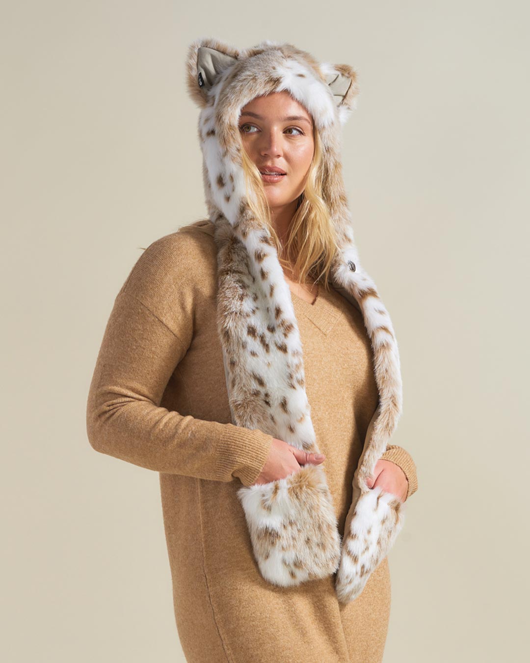 Brown and White Siberian Snow Leopard Faux Fur Hood on Female Model