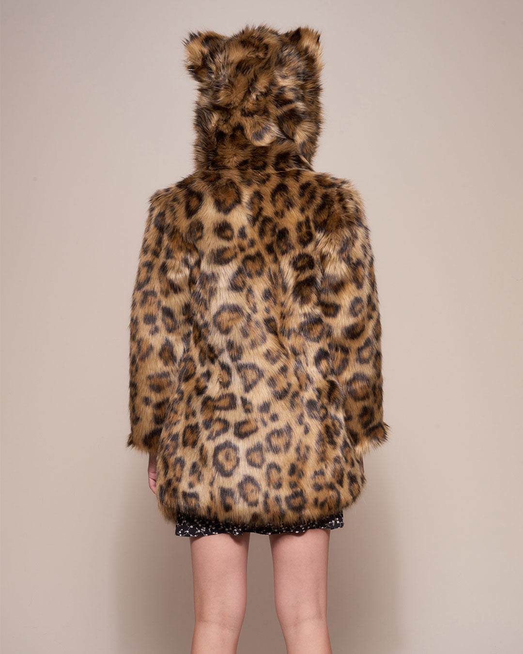 Woman wearing Javan Leopard Classic Faux Fur Coat *Almost Purfect* SpiritHood, back view