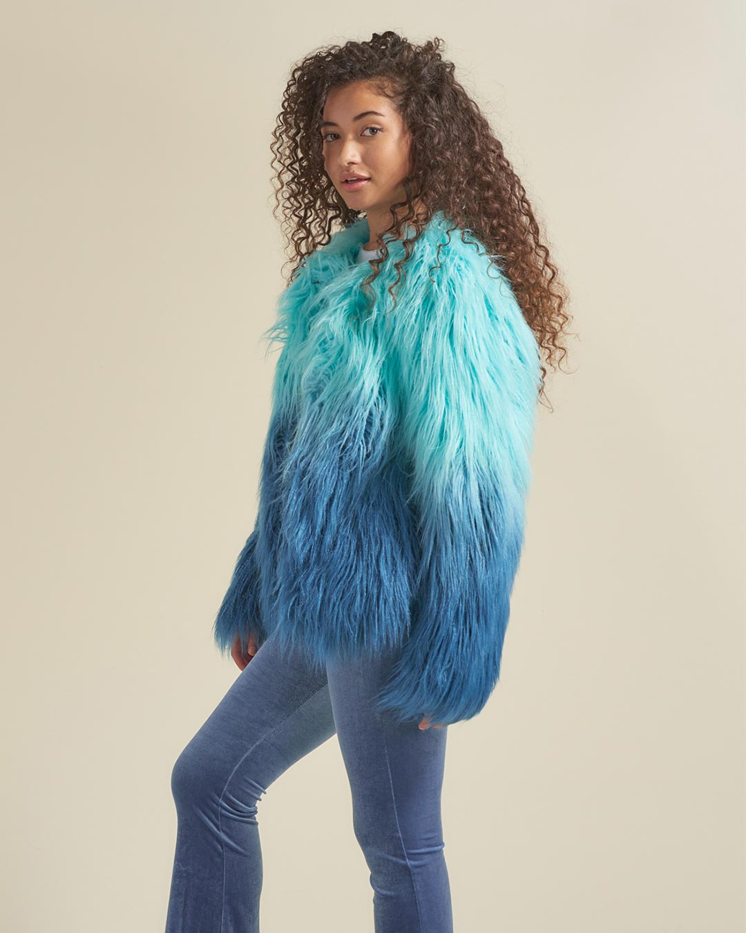 Blue and Teal Sea Alpaca Faux Fur Bomber Jacket on Female
