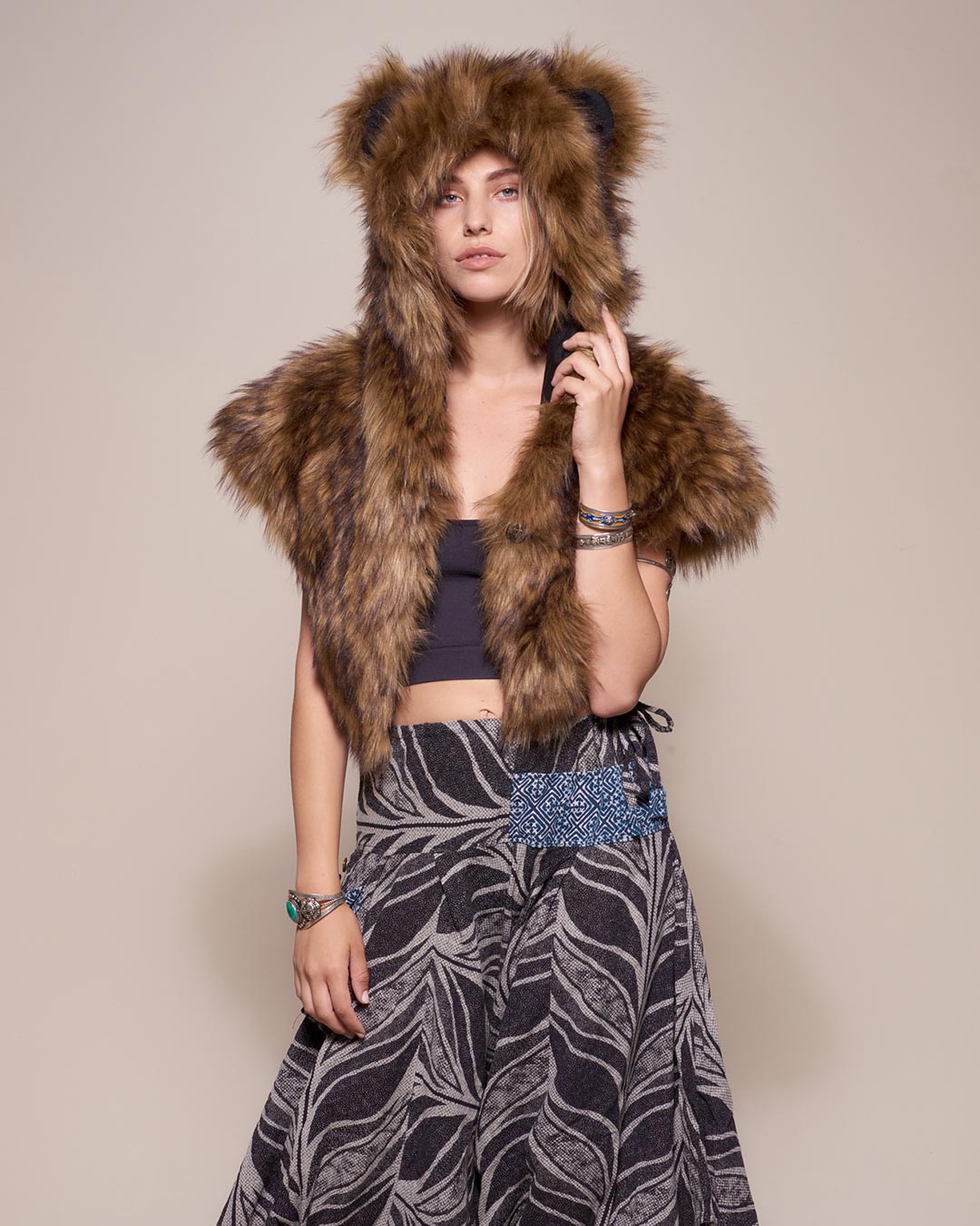 Brown Grizzly Bear Collector Edition Faux Fur Shawl on Woman