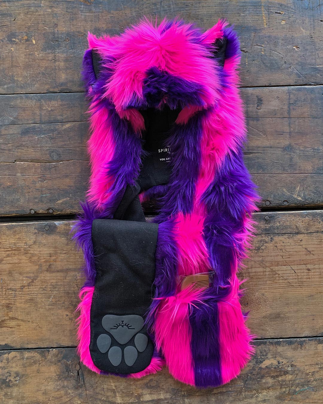 Exterior and Interior View of Unisex Faux Fur Hood with Wonder Cat Design