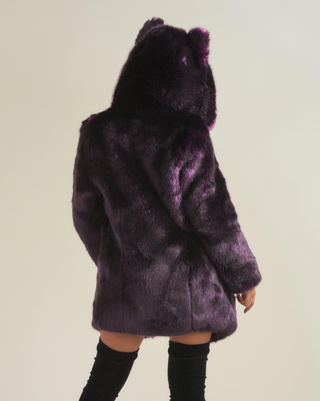 Back View of Midnight Wolf Luxe Classic Faux Fur Coat on Woman