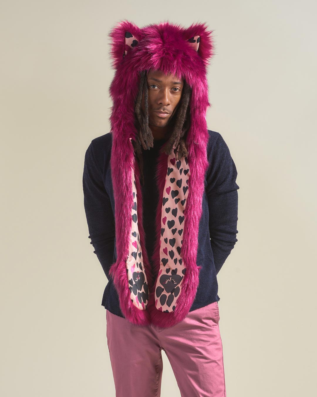 Man wearing Love Wolf Collector Edition Faux Fur Hood, front view 2