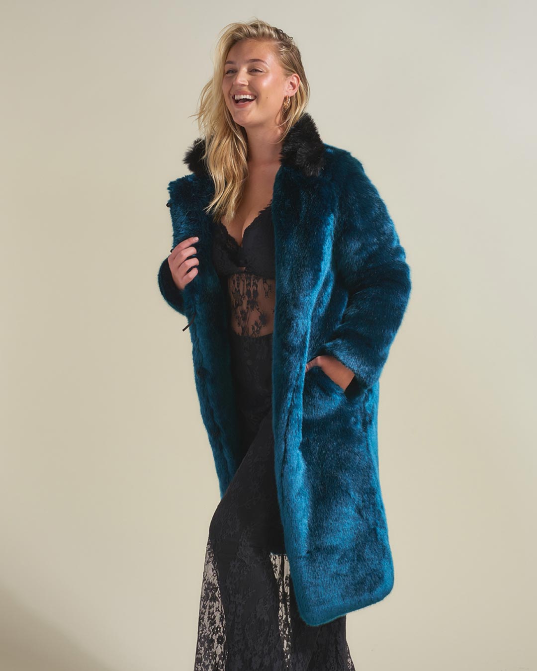 Royal Wolf Luxe Calf Length Collared Faux Fur Coat 