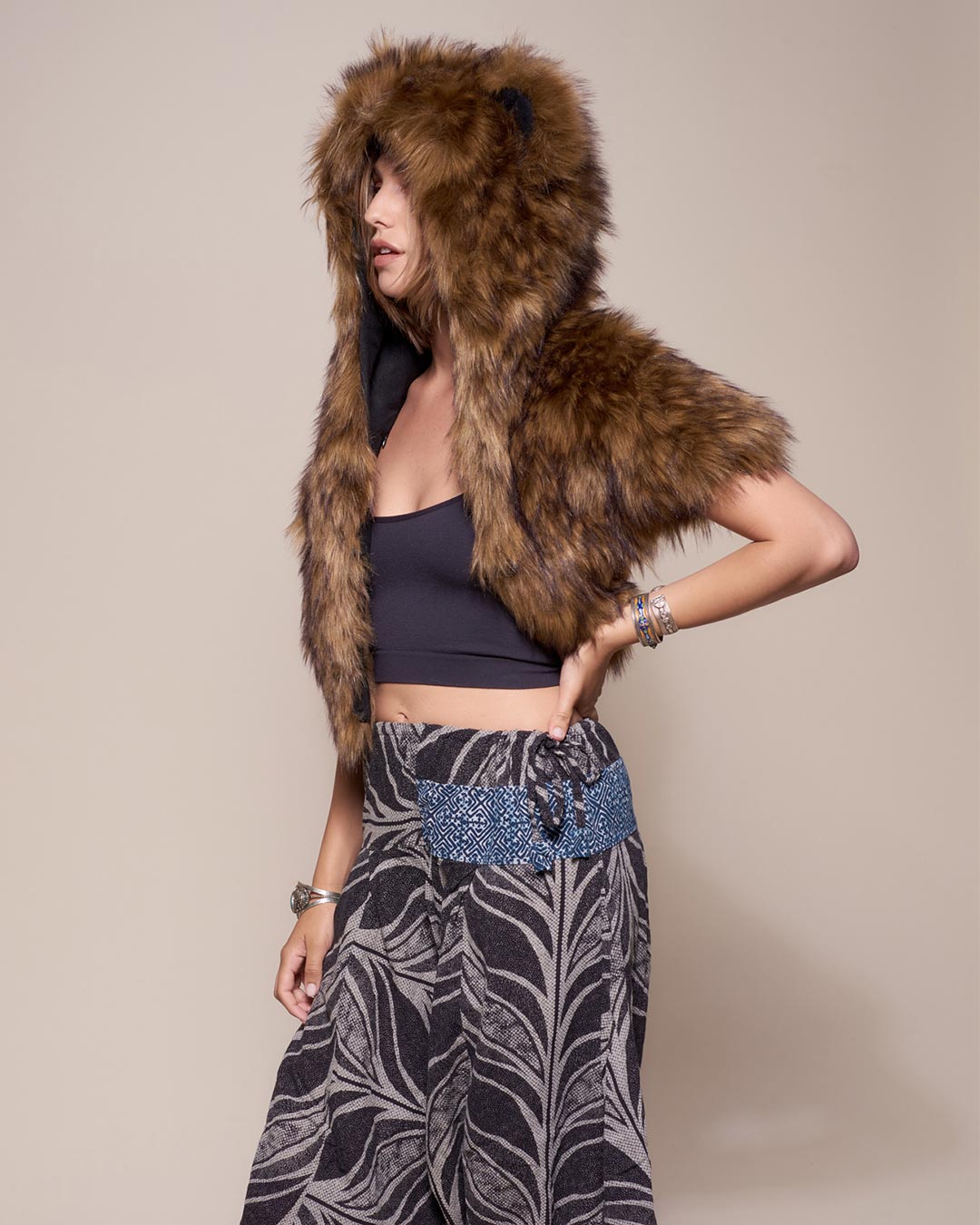 Grizzly Bear Hooded Faux Fur Shawl 