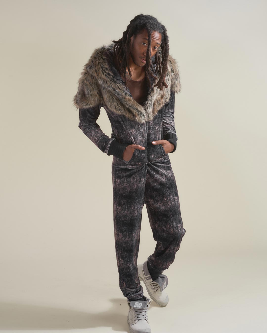 Man wearing Grazer Wolf Artist Edition Faux Fur Animal Onesie, front view 2