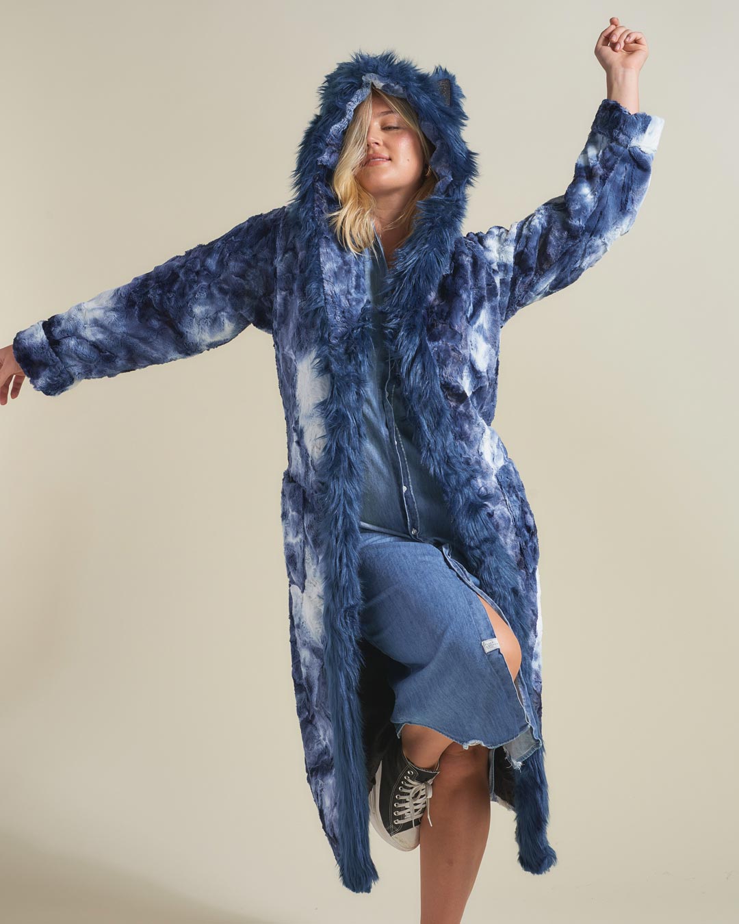Hooded Water Wolf Robe Worn Over Denim Dress by Female Model