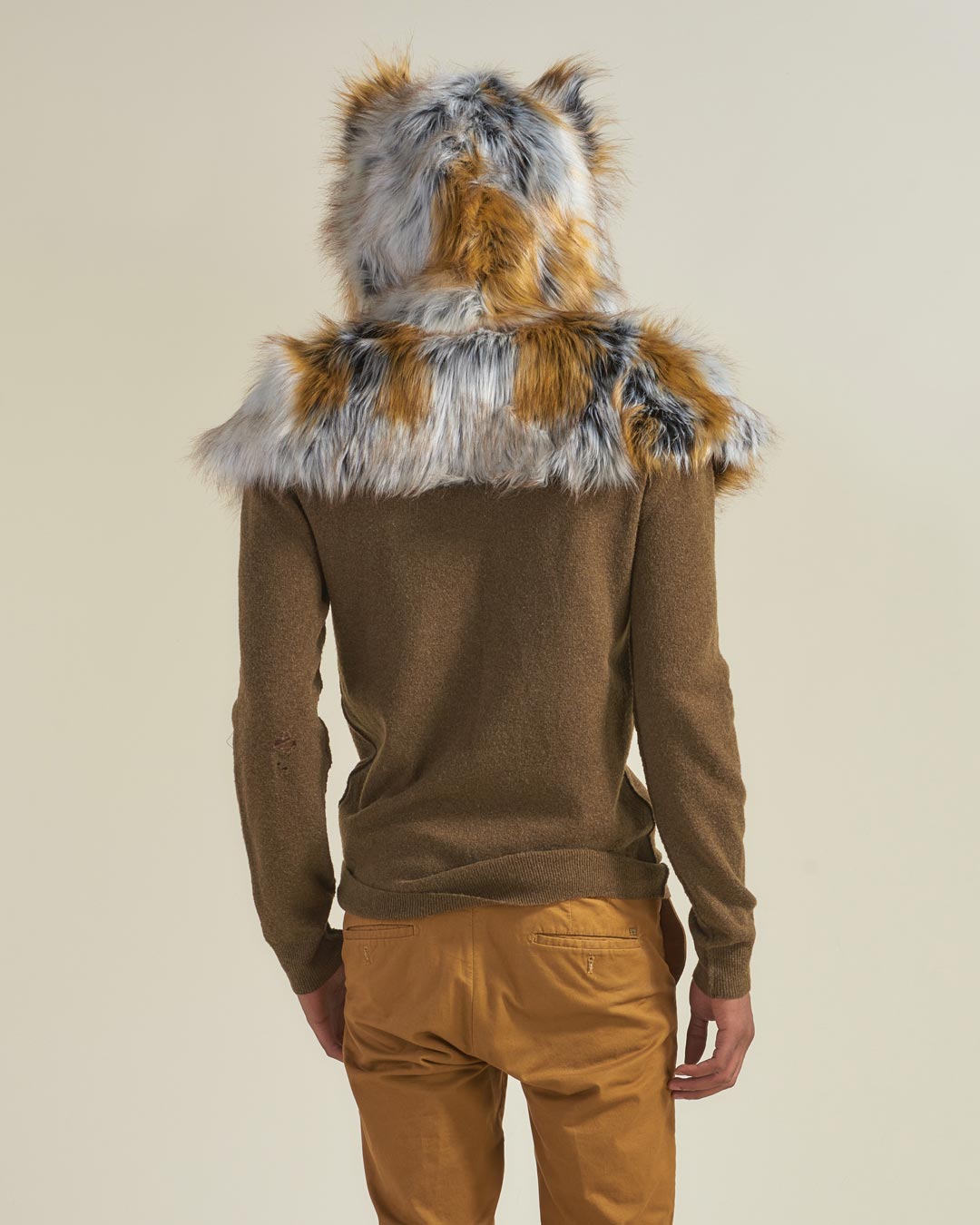Man wearing Arctic Fox Collector Edition Faux Fur Shawl, back view 2