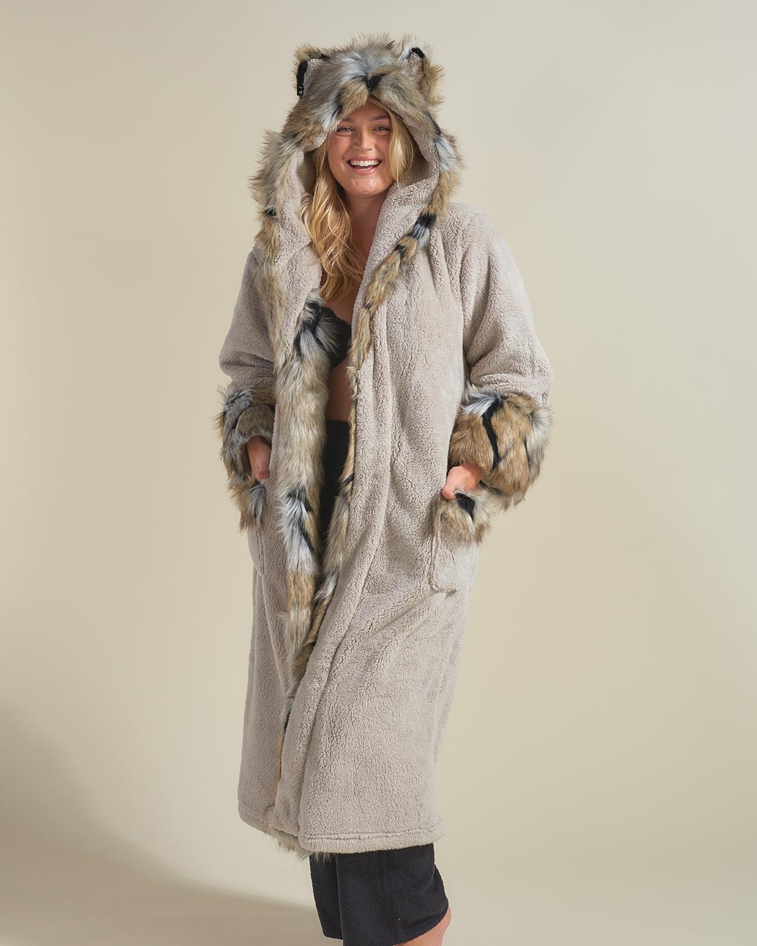 Woman wearing Wolverine Classic Faux Fur Robe, front view 4