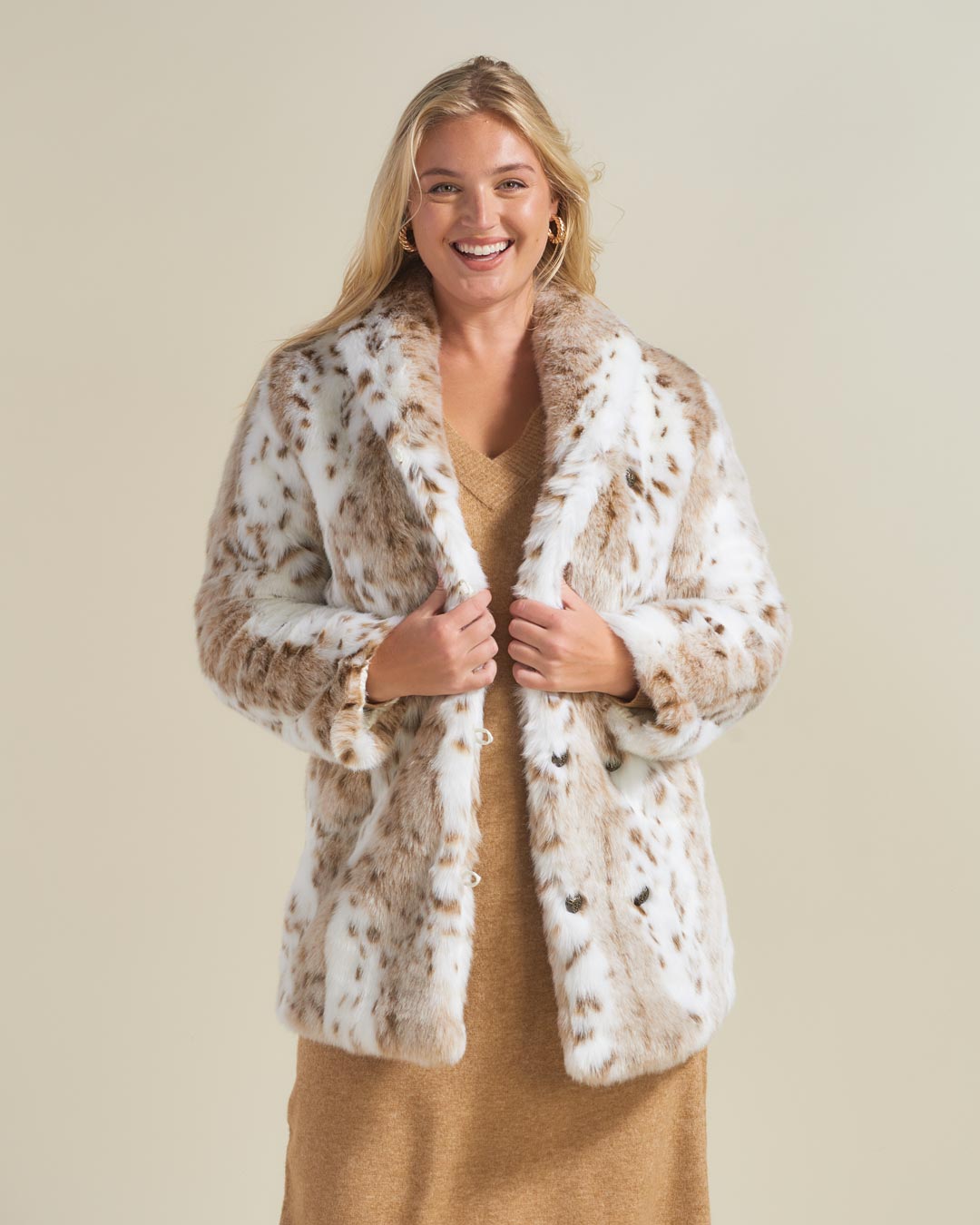 Model Showing Front View of Luxury Faux Fur Collared Coat in Siberian Snow Leopard Design
