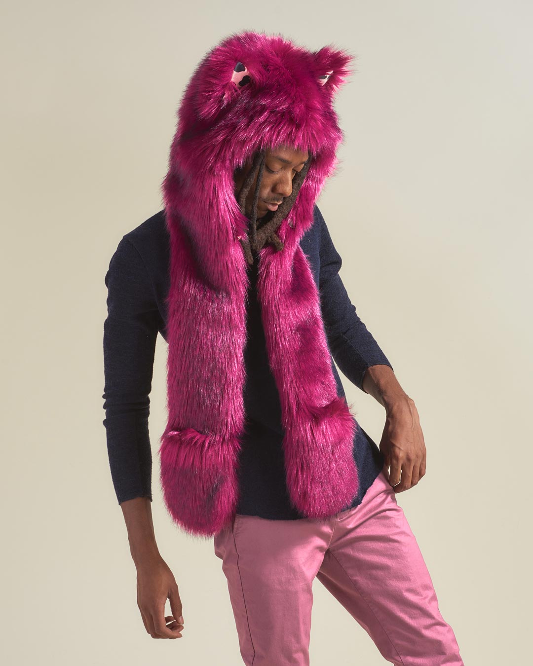 Man wearing Love Wolf Collector Edition Faux Fur Hood, side view