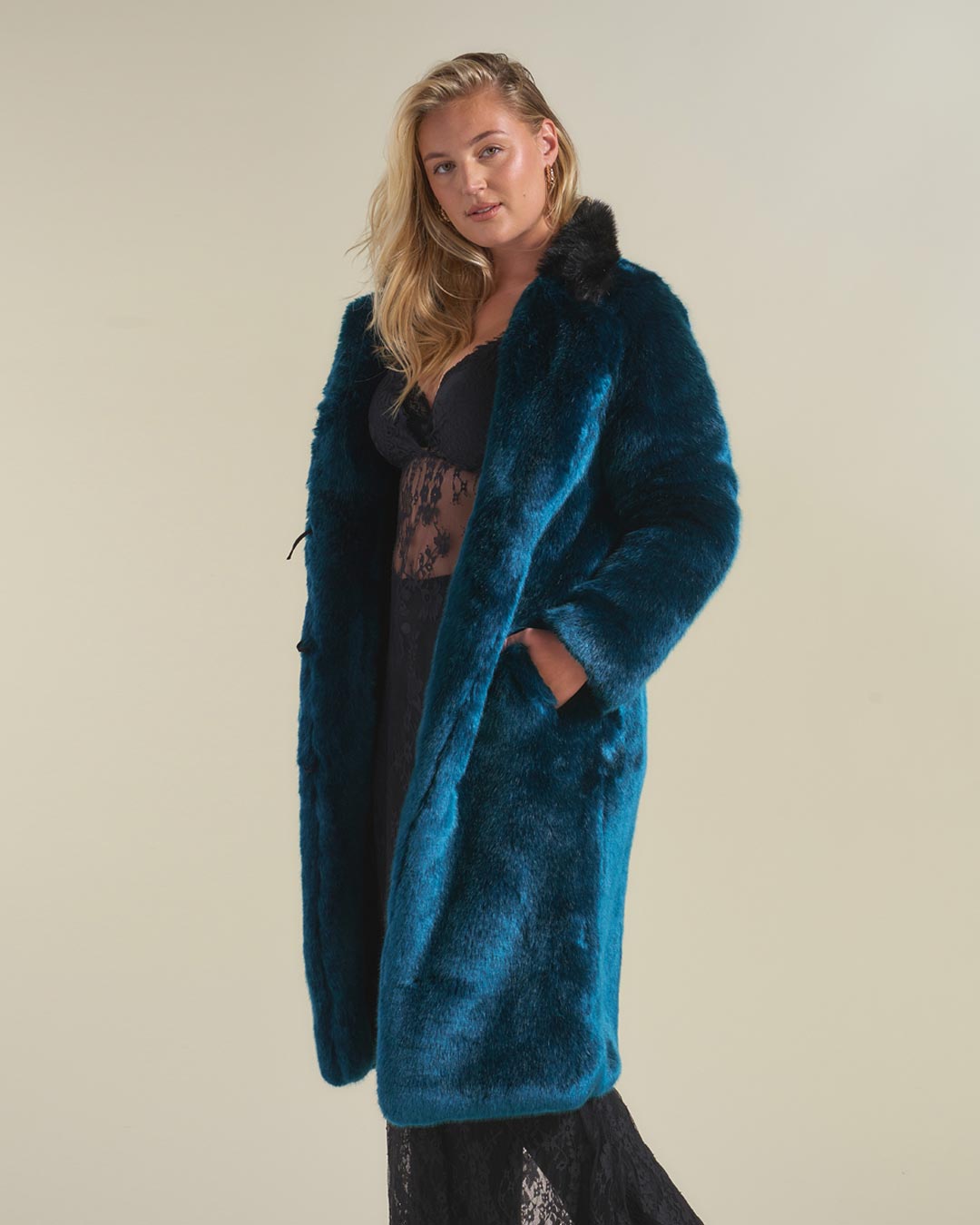 Woman Wearing Royal Wolf Luxe Calf Length Faux Fur Coat