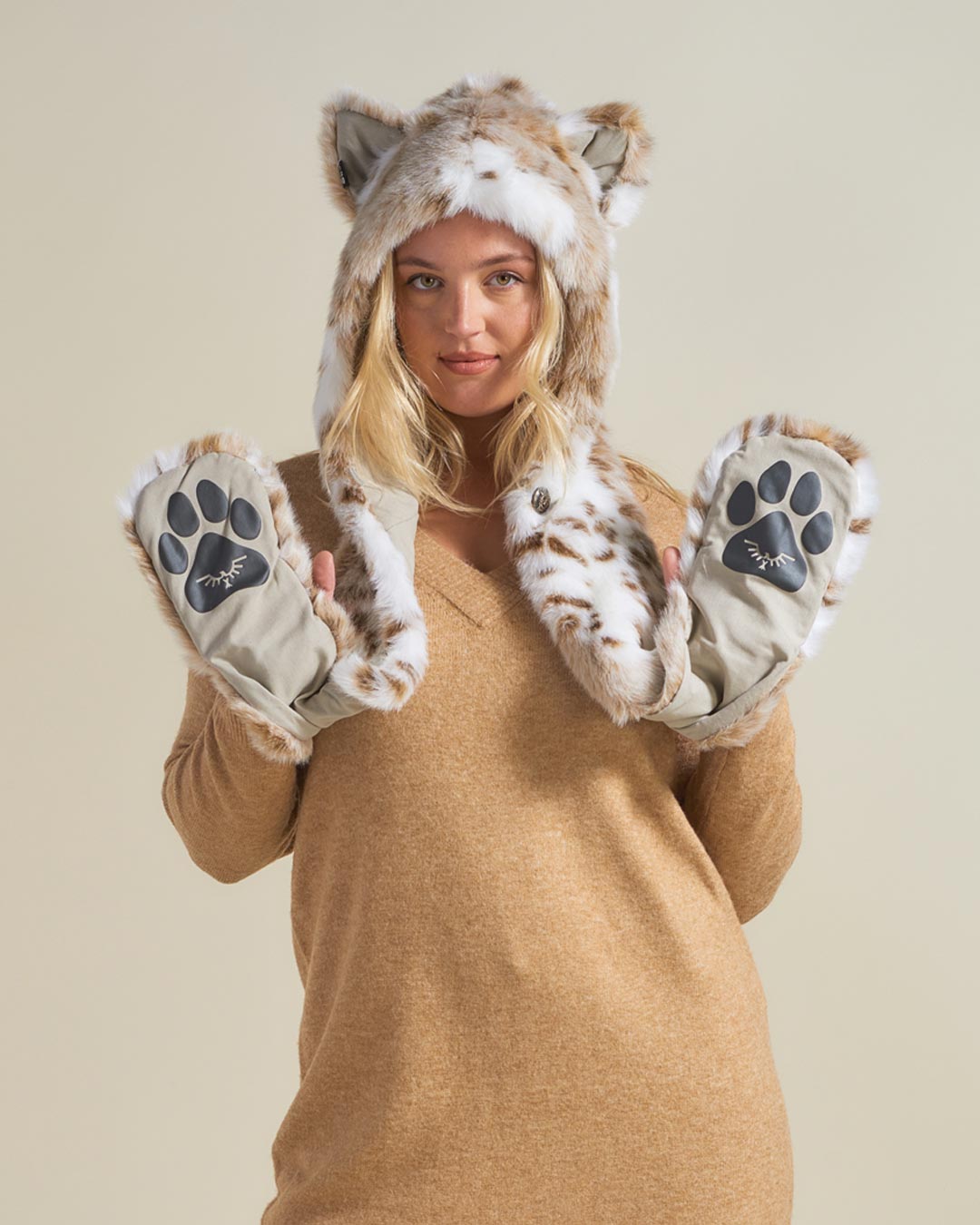 Siberian Snow Leopard Faux Fur with Hood on Woman