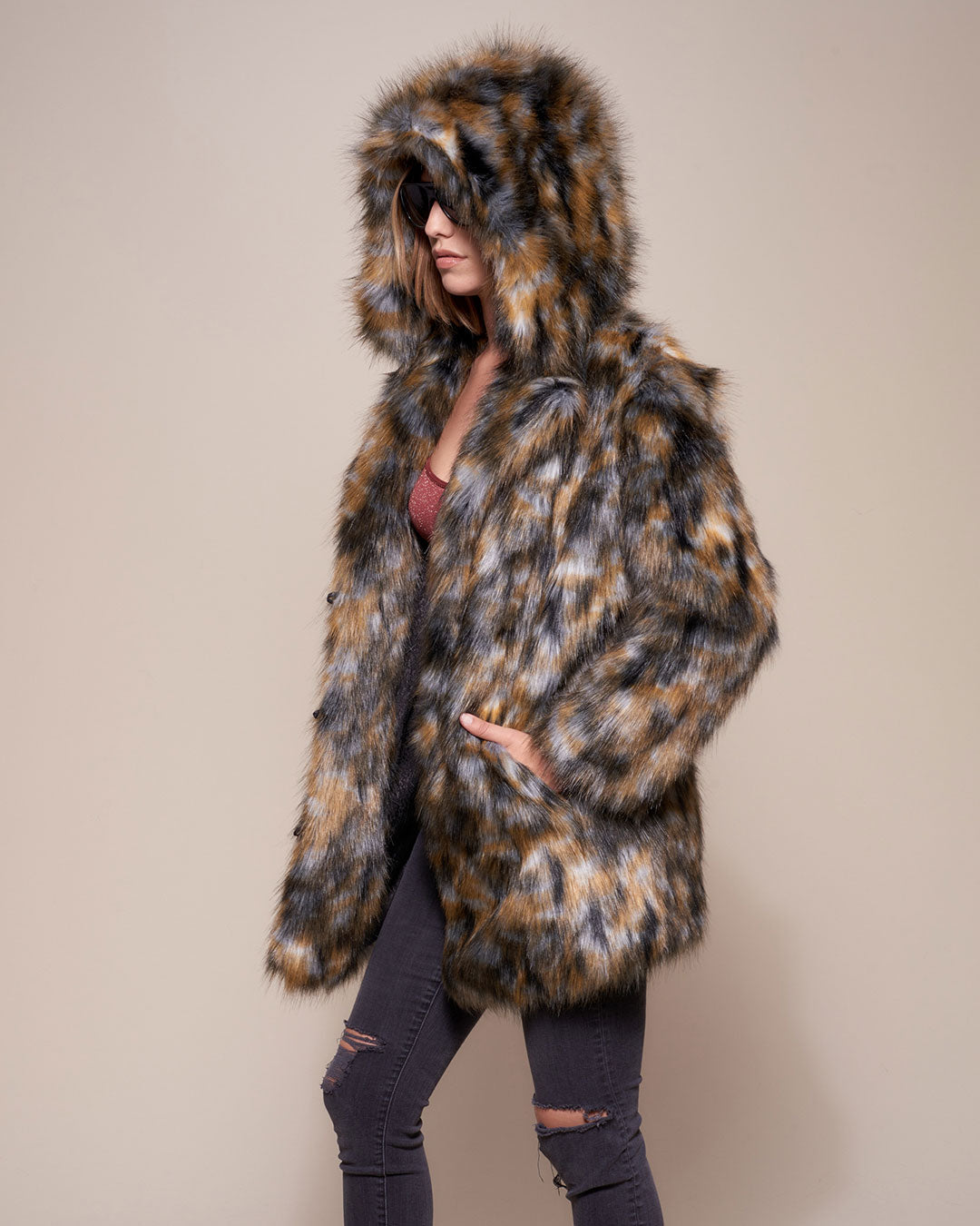 Hooded Faux Fur Coat in Brindle Design
