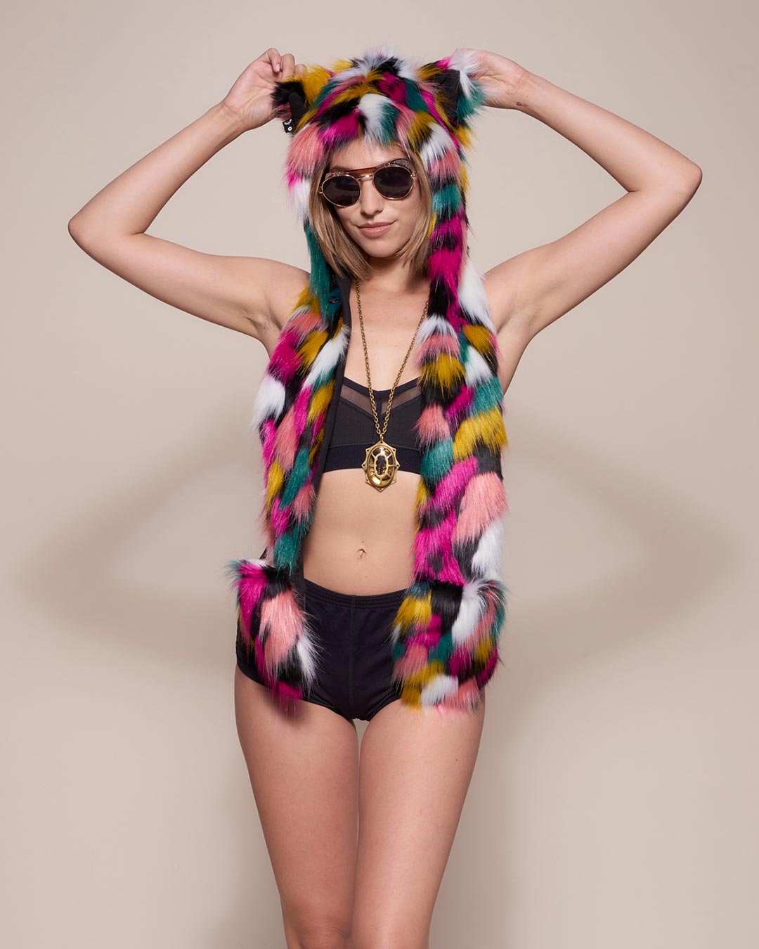 Rainbow Leopard Collector Edition Faux Fur with Hood on Woman
