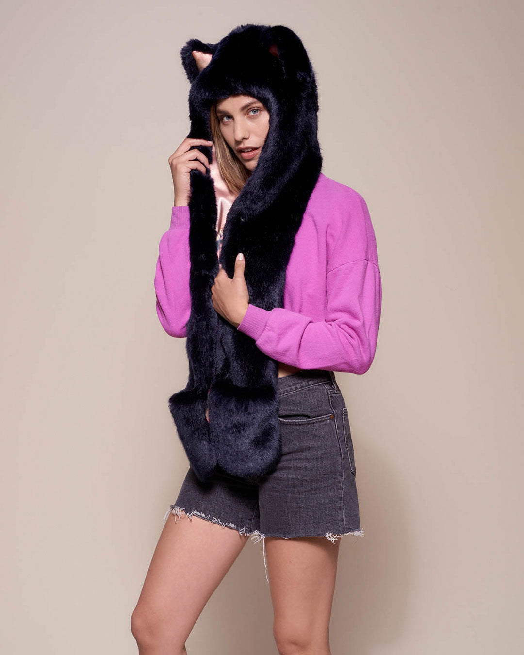 Luxe Hooded Faux Fur with Indigo Wolf Design on Female
