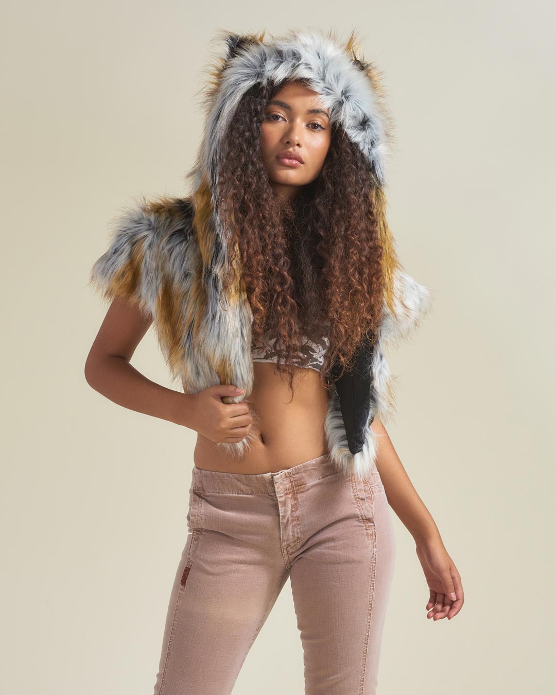 Woman wearing Arctic Fox Collector Edition Faux Fur Shawl, front view 6
