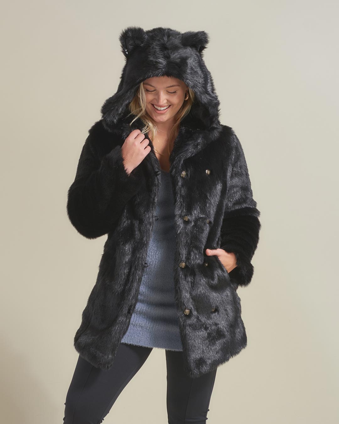 Woman wearing Black Panther Classic Faux Fur Coat, front view 1