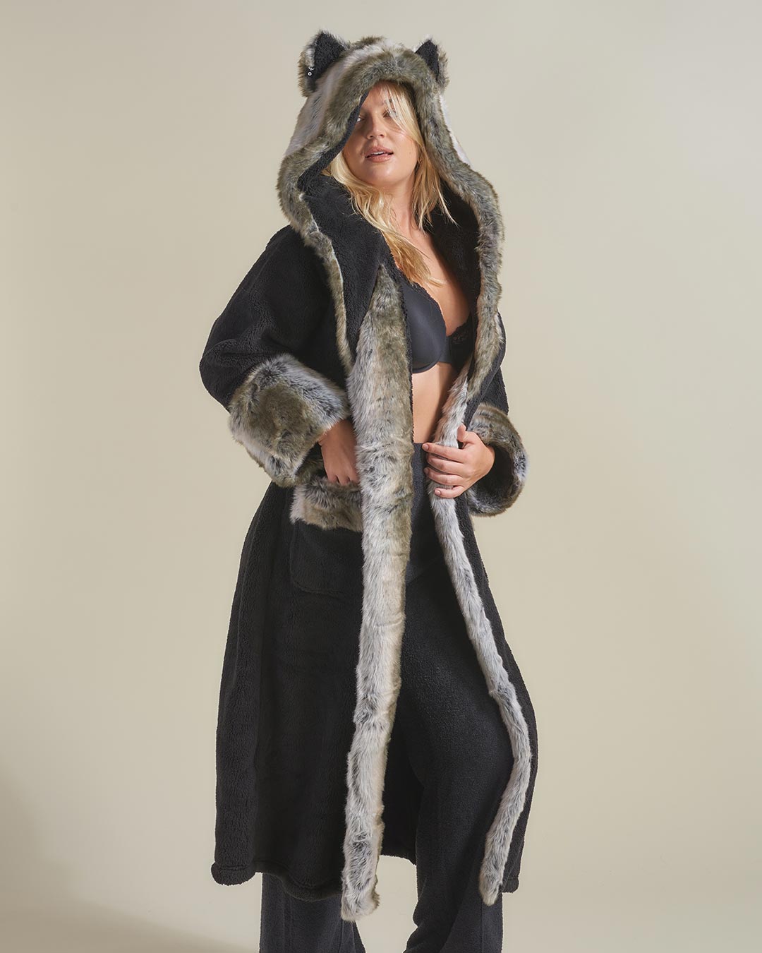 Woman wearing Grey Wolf Classic Faux Fur Robe. side view 1