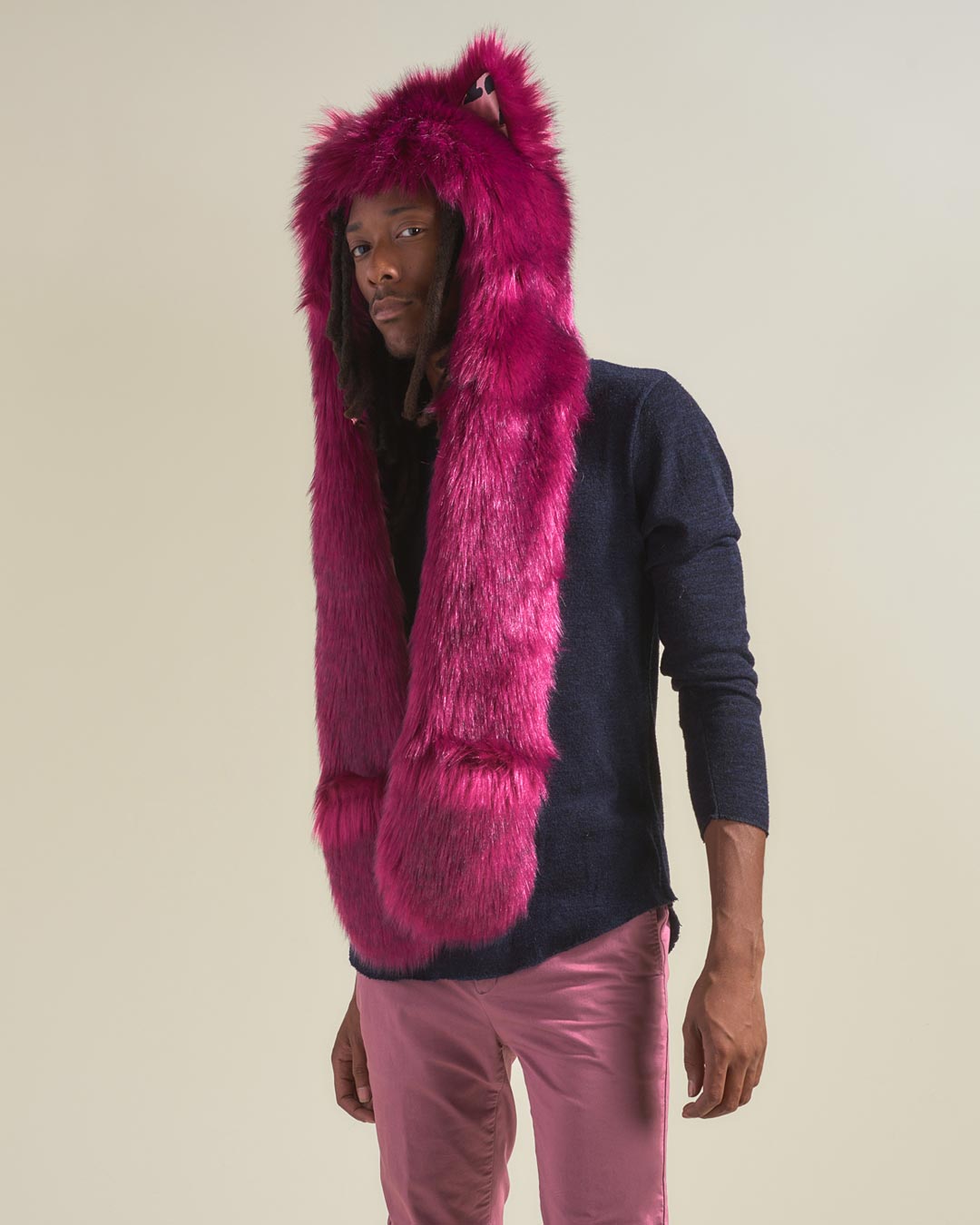 Man wearing Love Wolf Collector Edition Faux Fur Hood, side view 2