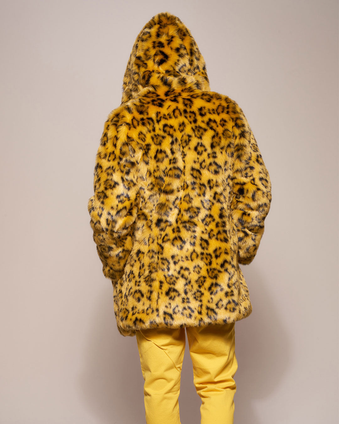 Man wearing Yellow Cheetah Hooded Faux Fur Coat, back view