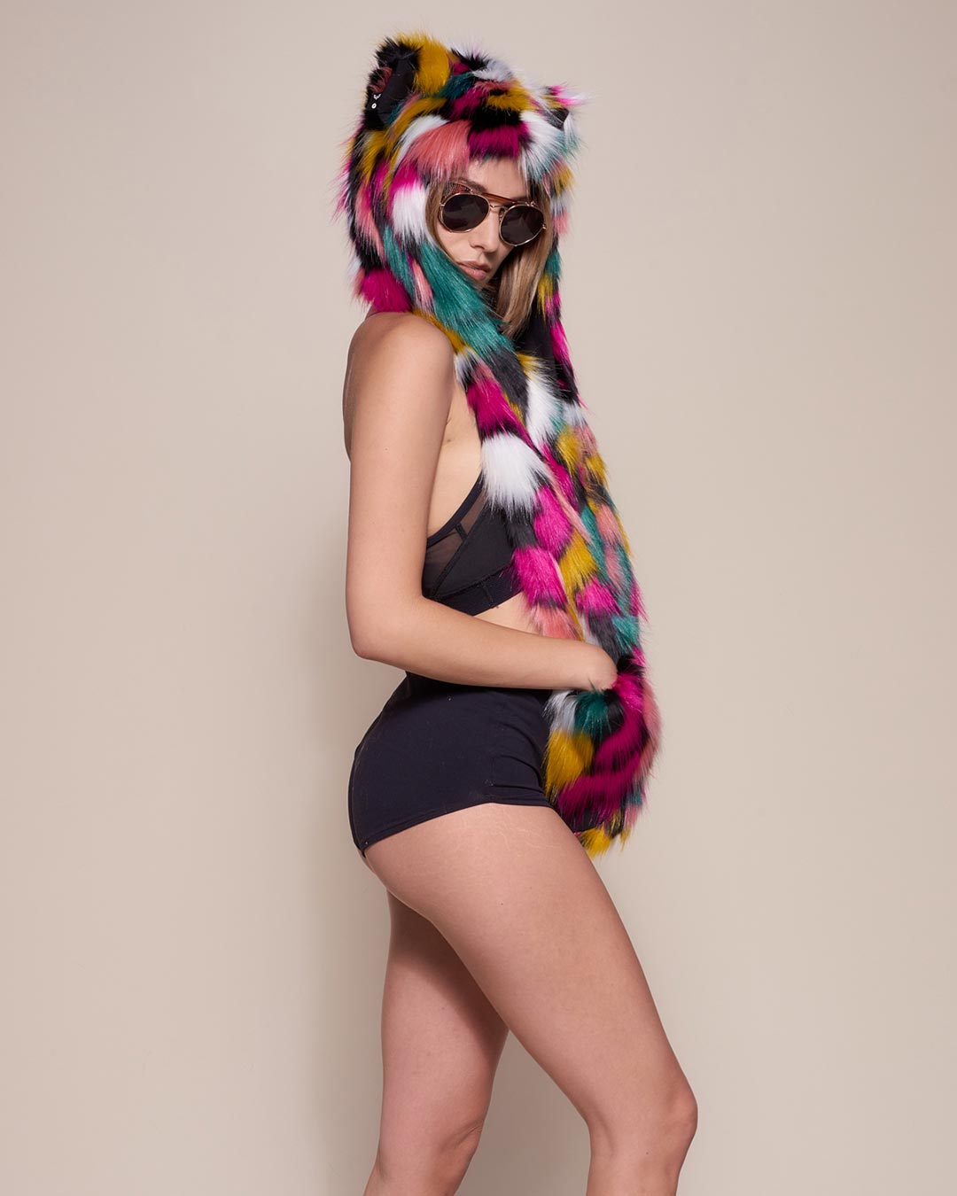 Side View of Rainbow Leopard Collector Edition Faux Fur Hood on Woman