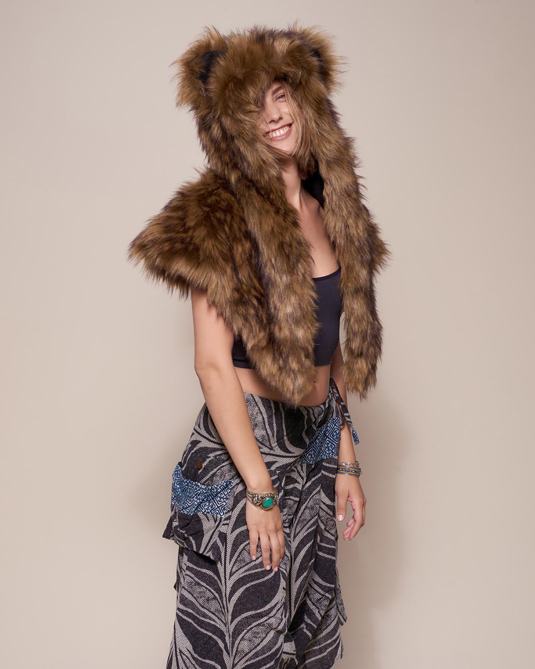 Female Wearing Grizzly Bear Collector Edition Faux Fur Shawl