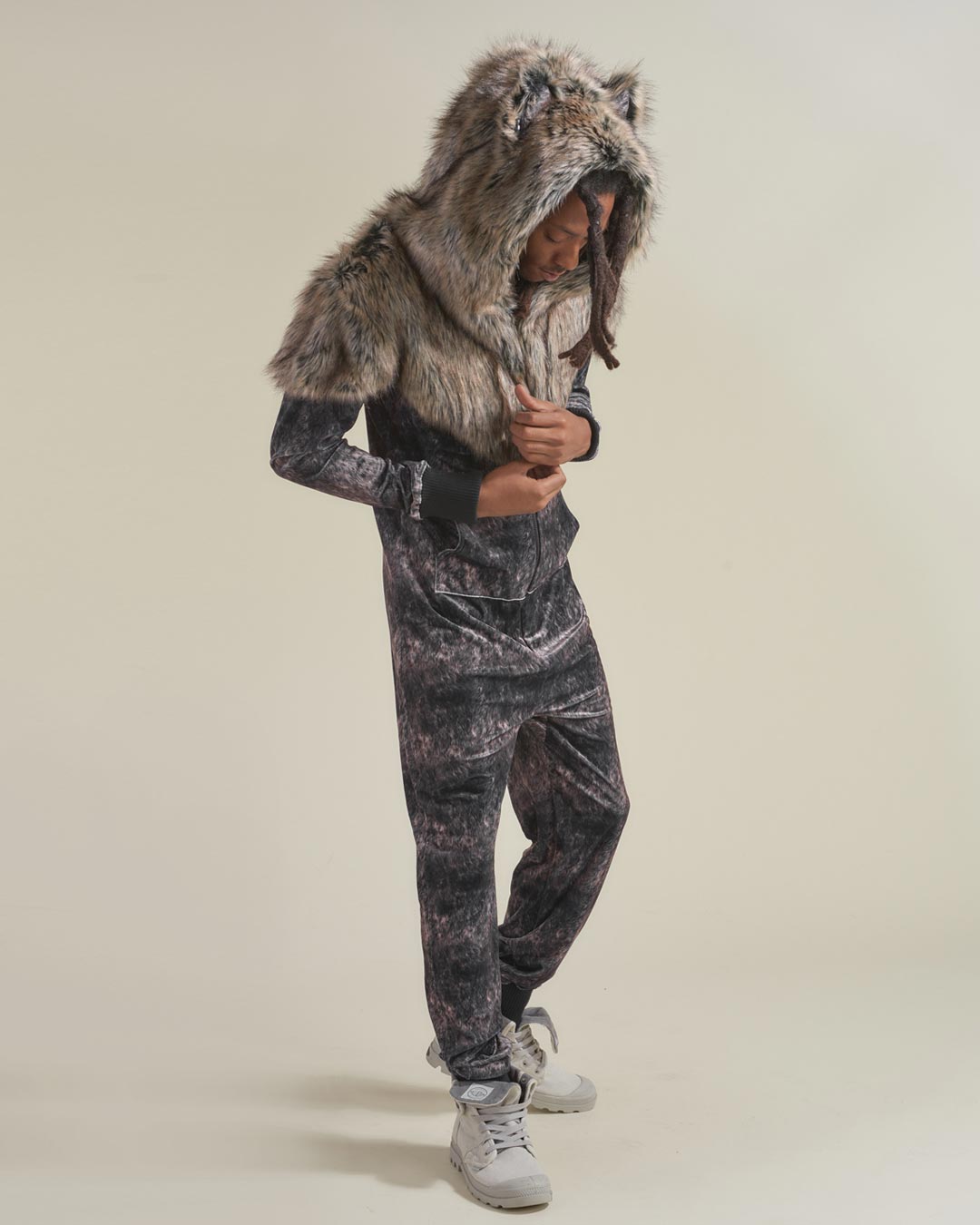 Man wearing Grazer Wolf Artist Edition Faux Fur Animal Onesie, side view 1