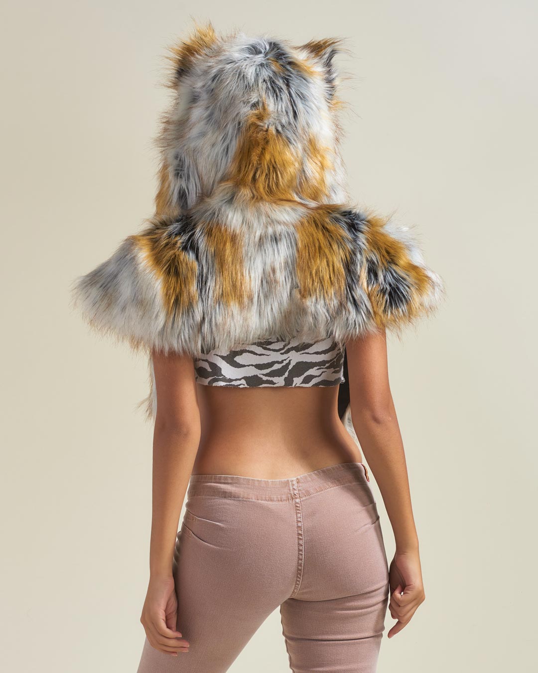 Woman wearing Arctic Fox Collector Edition Faux Fur Shawl, back view 1