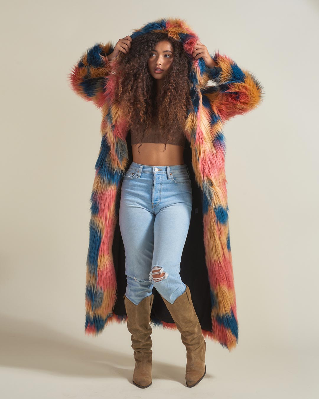 American Swallow Hooded Faux Fur Long Coat with Hood on Female
