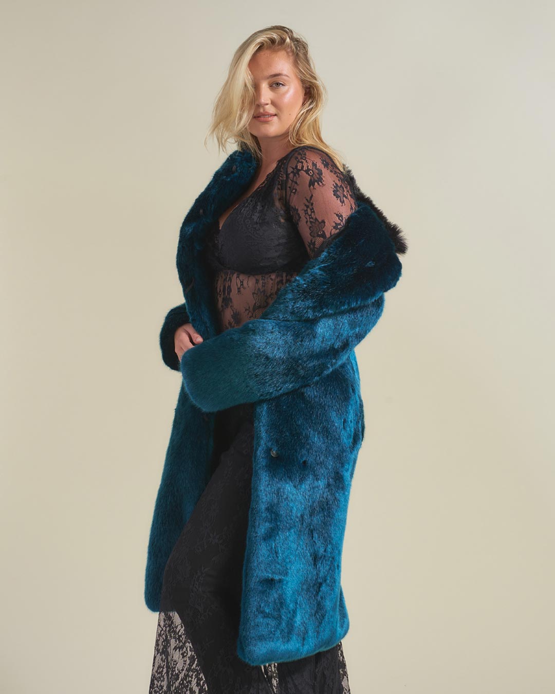 Collared Calf Length Faux Fur Coat with Royal Wolf Design