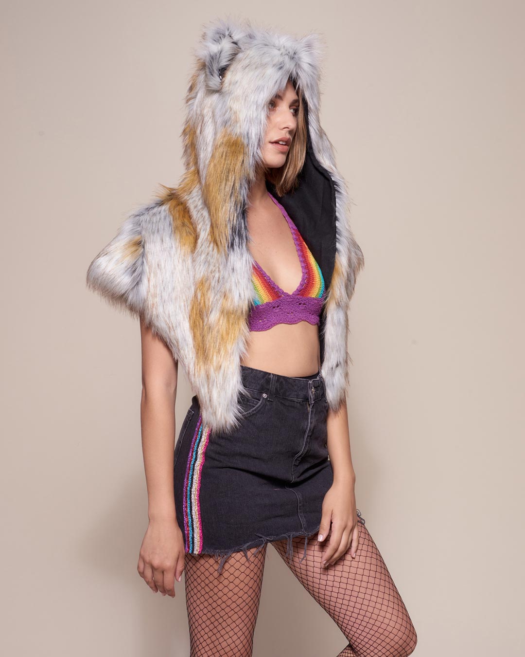 Woman wearing Arctic Fox Collector Edition Faux Fur Shawl, side view 2